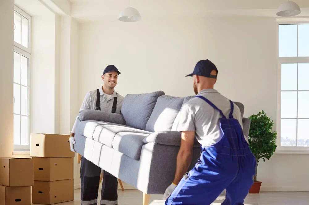 Two removalists are moving a sofa