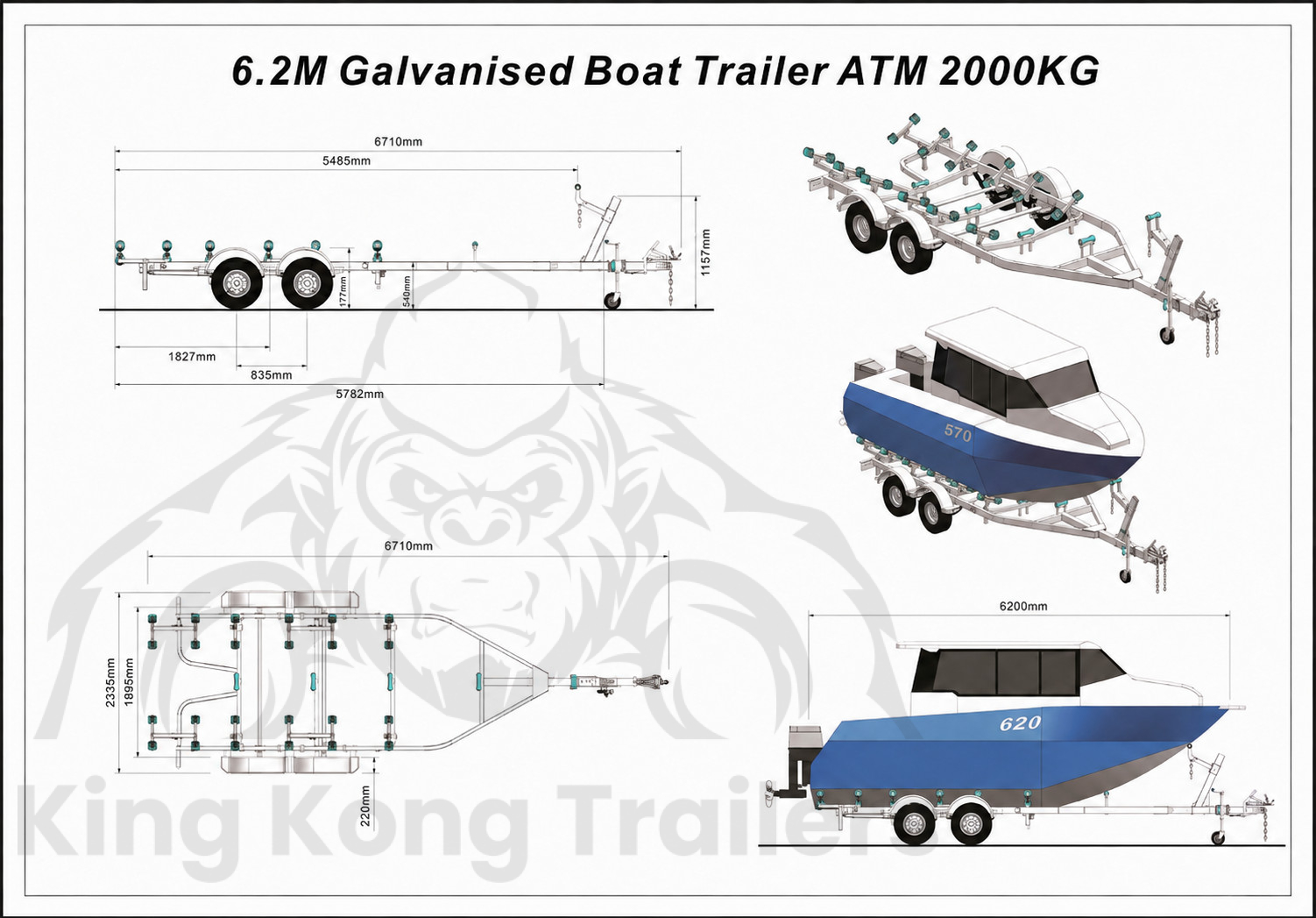 KKT-BTT62200 - 6.2m Galvanised Boat Trailer 2000kg ATM – Suits Boats 5.7–6.2m (18.7–20.3ft)
