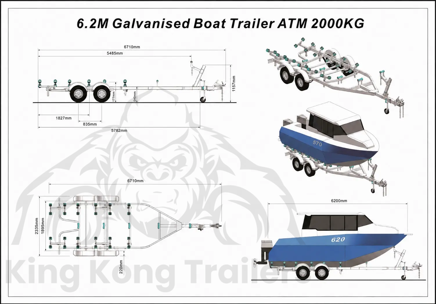 KKT-BTS62140 - 6.2m Galvanised Boat Trailer 1400kg ATM – Suits Boats 5.7–6.2m (18.7–20.3ft)